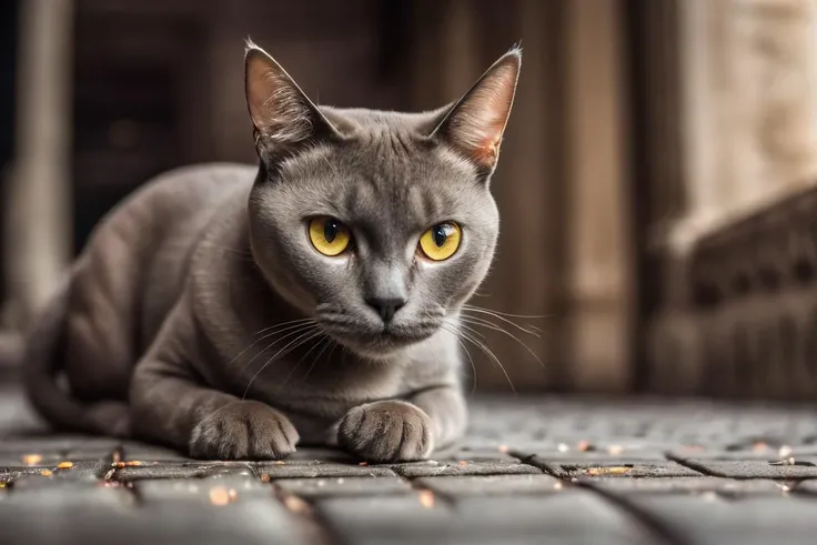 Street level shot of a Burmese cat, from inside of a Labyrinth, cinematic lighting, depth of field, bokeh, realism, photorealistic, hyperrealism, professional photography, uhd, dslr, hdr, ambient occlusion, iris and pupil rendering, advanced color grading