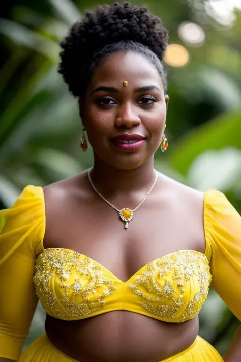 SFW, 1Girl, Adult, (fat Grenadian:1.2) woman, little breasts, medium green pageboy hairstyle, wearing yellow haute couture outfit, ruby jewelry, patinated chrome accents, glowing iris, orange-yellow eyes, grateful expression, , cinematic lighting, depth of field, bokeh, realism, photorealistic, hyperrealism, professional photography, uhd, dslr, hdr, (violent:1.125) (nkisj:1.1875) (gqvjcplkla:0.75) (mountain:0.875) (lpagz:1.25) (ynfadpketj:1.0625) (temperate jungle:0.875) (wpamx:0.875) (qneps:1.25) (bpwcimpoxo:1.0) (yzpggaplsz:0.875) (apartment:1.0625)