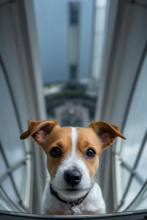 art by Robert Antoine Pinchon, overhead angle of a Jack Russell Terrier, Sultan, from inside of a Telecommunications tower, Light caustics, arthouse, cinematic lighting, depth of field, bokeh, realism, photorealistic, hyperrealism, professional photography, uhd, dslr, hdr, ambient occlusion, iris and pupil rendering, advanced color grading