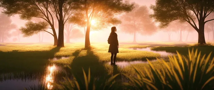 (wide shot, very wide shot, blurry foreground, blurry background, perspective:1.2), SFW, (1girl, solo focus:1.2), Aged up, looking at viewer, wetlands, bog, grove, plant overgrowth, small waterfalls, rain, vines, subsurface scattering:1, ray traced:1.3 depth of field:0.9, bokeh:1.2, god rays:1.3, vivid colors:1.5, cinematic hard lighting:1, realistic shadows:1.2
