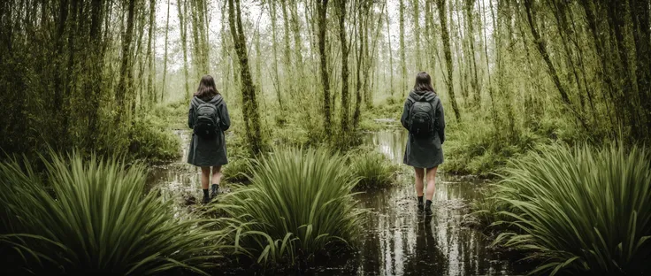 (wide shot, very wide shot, blurry foreground, blurry background, perspective:1.2), SFW, (1girl, solo focus:1.2), backpack, hoodie, hood up, looking away, wetlands, bog, grove, plant overgrowth, small waterfalls, heavy rain, rain, vines, cinematic lighting, depth of field, bokeh, realism, photorealistic, hyperrealism, professional photography, uhd, dslr, hdr, ambient occlusion, iris and pupil rendering, advanced color grading