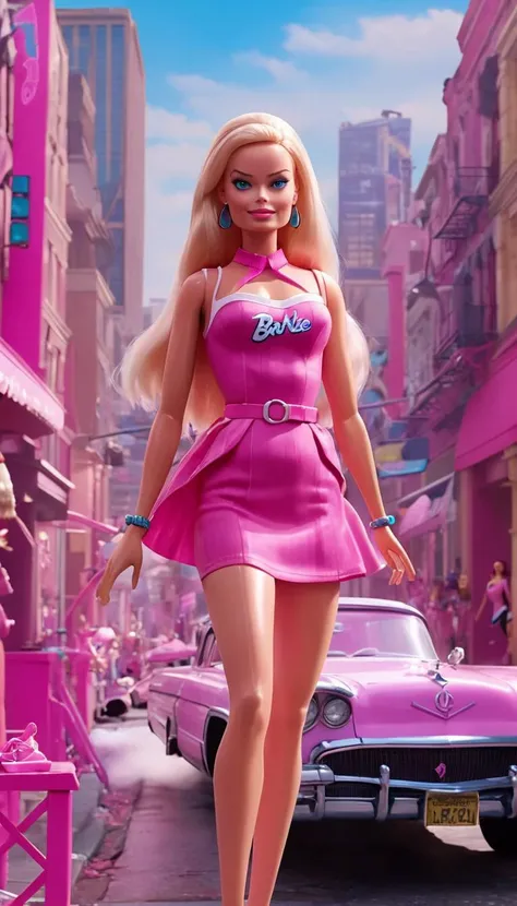 Cinematic scene, hero view, Margot Robbie as Barbie <lora:barbie_v0.0.1:1>, action pose, city, masterpiece, best quality, high quality, absurdress