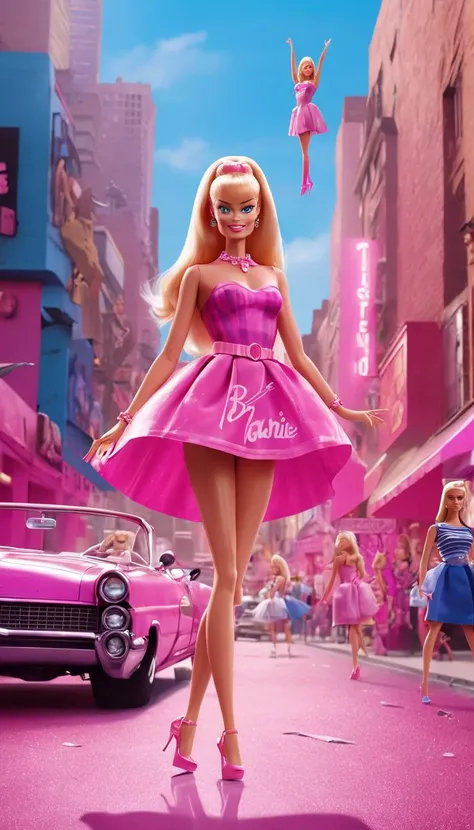 Cinematic scene, hero view, Margot Robbie dressed as Barbie <lora:barbie_v0.0.1:1>, action pose, city, masterpiece, best quality, high quality, absurdress