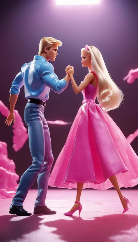 Cinematic scene, Barbie and Ken fighting against each other, death battle, action pose, fight, dramatic, masterpiece, best quality, high quality, absurdress <lora:barbie_v0.0.1:1>