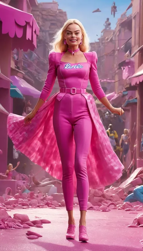 Cinematic scene, hero view, Margot Robbie as Barbie <lora:barbie_v0.0.1:1>, action pose, fighting Ken, fight, dramatic, masterpiece, best quality, high quality, absurdress