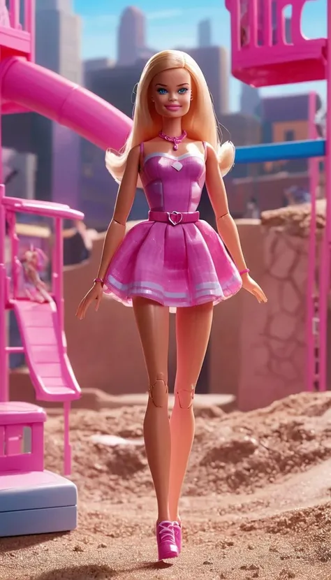 Cinematic scene, hero view, Barbie played by Margot Robbie <lora:barbie_v0.0.1:1>, action pose, playground, masterpiece, best quality, high quality, absurdress