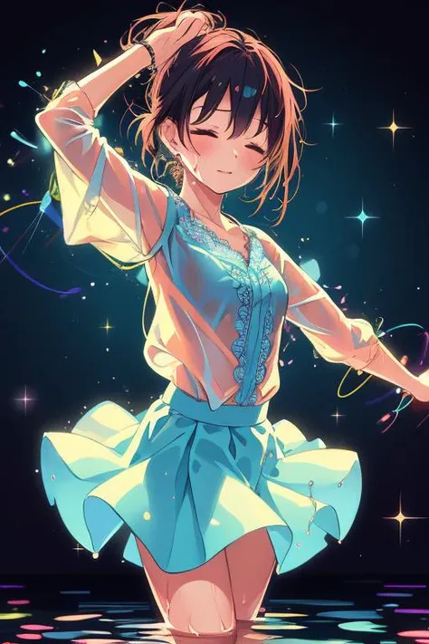 masterpiece,best quality,girl,ultra detail,wet light blue blouse,colorful lace skirt,(petite),dance,water splashing,neon <lora:Artfullydance-v1fem:0.8>galaxy background,starlight,closed eyes,MOTION PHOTOGRAPHY
