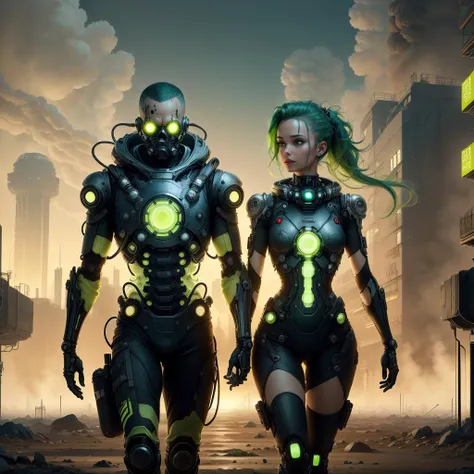 there are two robots standing next to a woman in a green shirt, movie still of a villain cyborg, death and robots, cyborg zombie, movie still of aztec cyborg, still from the movie terminator, dieselpunk cyborgs, zombie cyborg, movie still of a alien cyborg, retrofuturistic female android, movie still of a cyborg, horror science fiction --auto --s2