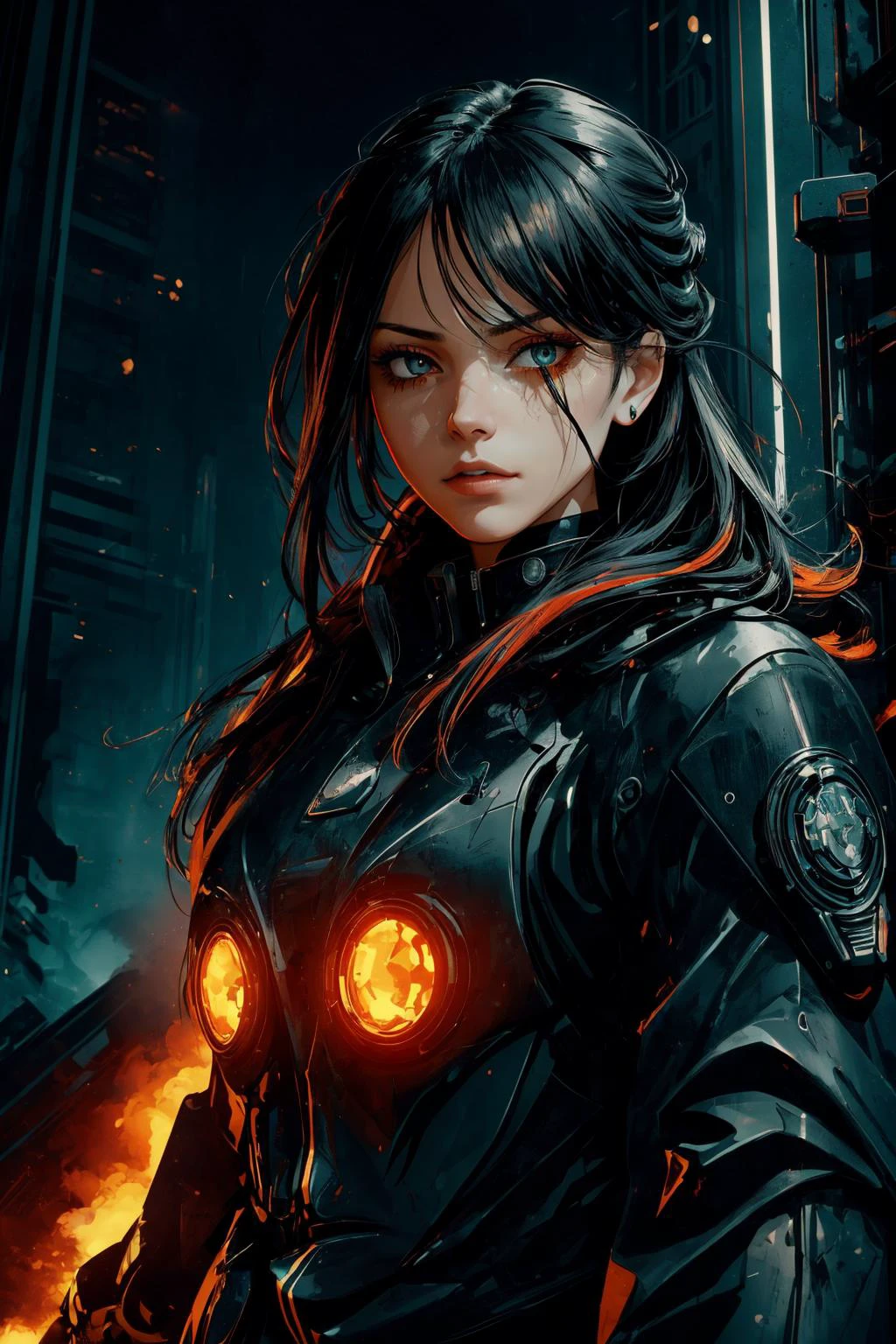 (Expressionism, raw, emotional, dynamic, distortion for emotional effect, vibrant, useunusual colors, detailed,:1.1)
maximum details, cinematic, abstract art, dark theme, <lora:add_detail:0.5>, <lora:epi_noiseoffset2:0.5>,
1 girl, adult (elven:0.7) woman, red eyes, dark red waterfall braid,
portrait, solo, (full body:0.6), looking away, detailed background, detailed face, (<lora:UraniumTech:0.6>, transparent, uraniumtech theme:1.1), secret agent, intrigue, surveillance, heist, infiltration, covert operation, running, gadgets, orange spy clothes, flames in background, night dark cinematic atmosphere,
<lora:graphicNovelStyle_v10:0.2>,