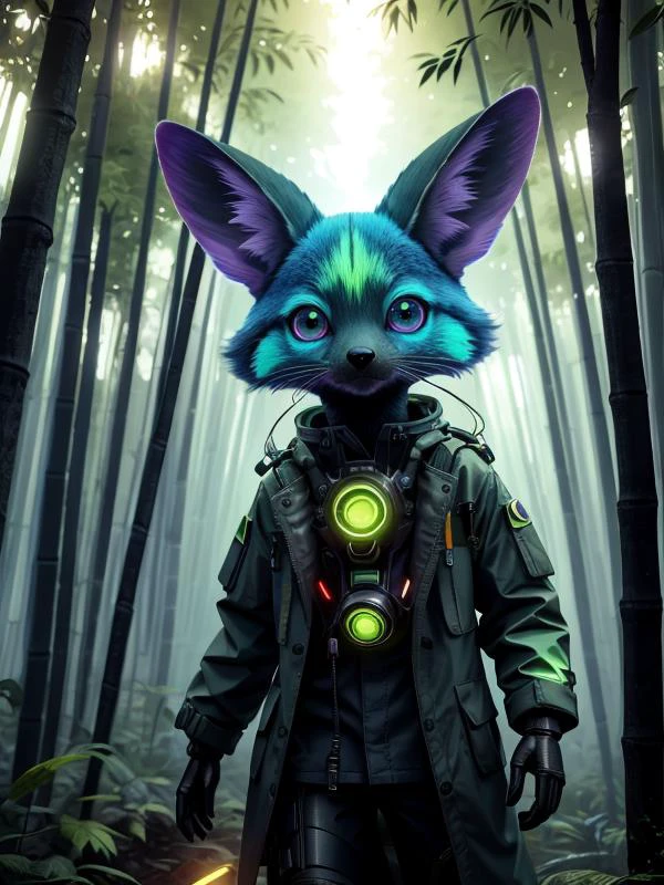 (Style: realism, (epic:1.2), realistic, photo, trending on artstation, (pixar:1.2), 3d, cartoon, ((high quality:1.2, masterpiece:1.2)) , (8k resolution) , high details, incredibly absurdres, color connection, colorized, colorful, neon colors, (bioluminescence:1.1), (iridescent:1.2), (no humans:1.3)),
fennec fox,, animal, cute big eyes, trench coat), bamboo forest,,
<lora:UraniumTech:0.4> uraniumtech, radiation, scifi, nuclear , transparent , see-through