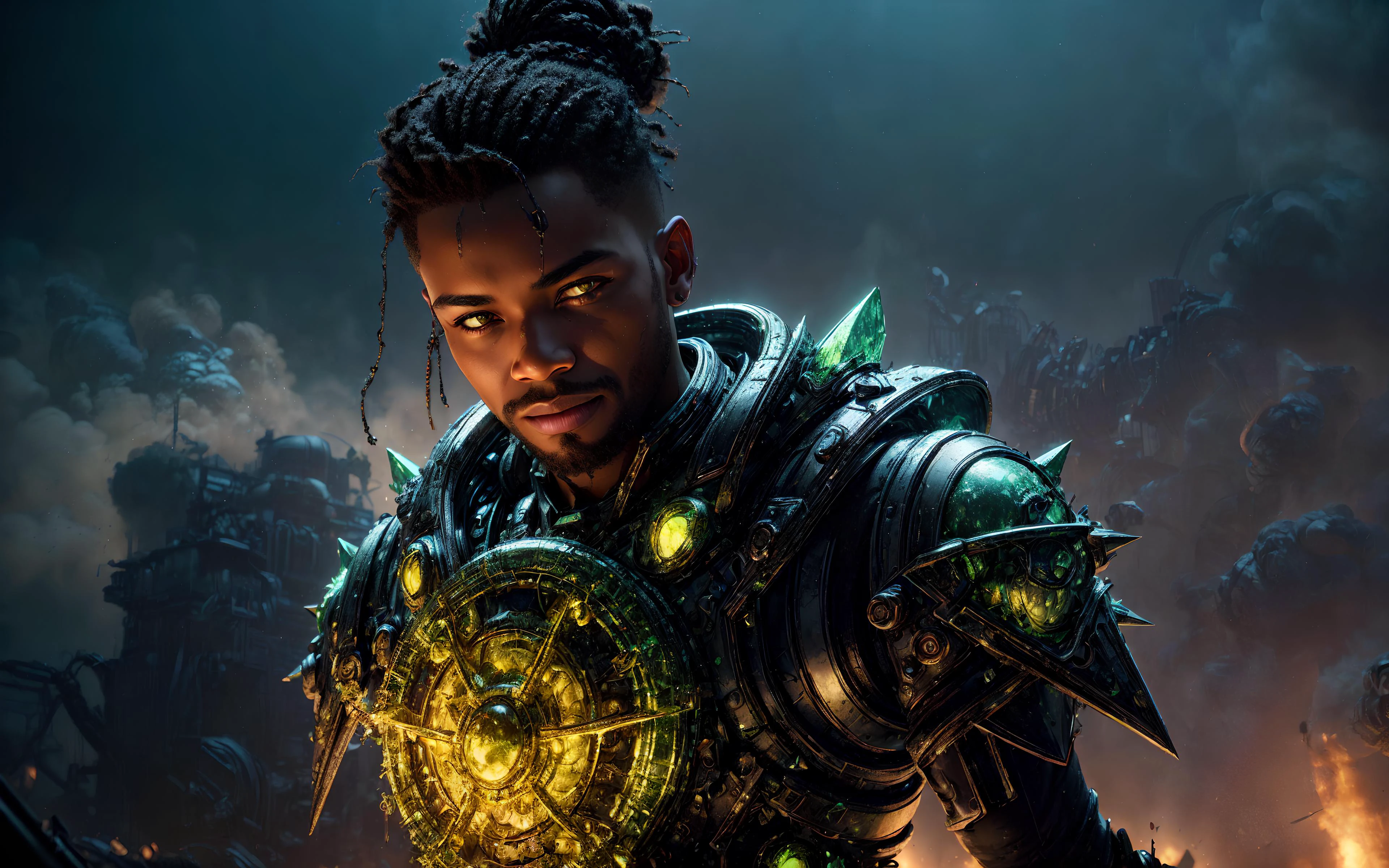 masterpiece, epic, majestic, best quality, very high resolution, 8k, hdr, digital photography, dynamic pose, beauteous wise, senior (male Haitian:1.2) smith, red eyes, (medium brown hair, low bun hair:1.1), showing enraged expression, (Style-GravityMagic:0.7), solo, half shot, looking at viewer, detailed background, detailed face, (<lora:UraniumTech:0.6>, radiation, transparent, nuclear, uraniumtech theme:1.1) poison-sorcerer, seared wizard vest, evil grin, glowing eyes, bright purple color scheme, purple eyes, purple clothes, controlling poison, toxic, swirls of poison, poison swirling in the air, old tattered spellbook, floating particles, emanating eerie corrosive mist, contaminated ground in background, dark shadows, epic atmosphere,, (iridescent:0.7), (transparent:0.8), (translucid:0.8), (reflection:0.6), (refraction:0.3), (diffraction:0.3), (caustics:0.3), volumetric lights, volumetric shadows, (subsurface scatering:0.4), physically based rendering, (intricate details:1.3), hyperdetailed, ultrarealistic, (sharp focus:1.2) <lora:hyperdenoiser_v090:1.5> <lora:add_detail:1.5>