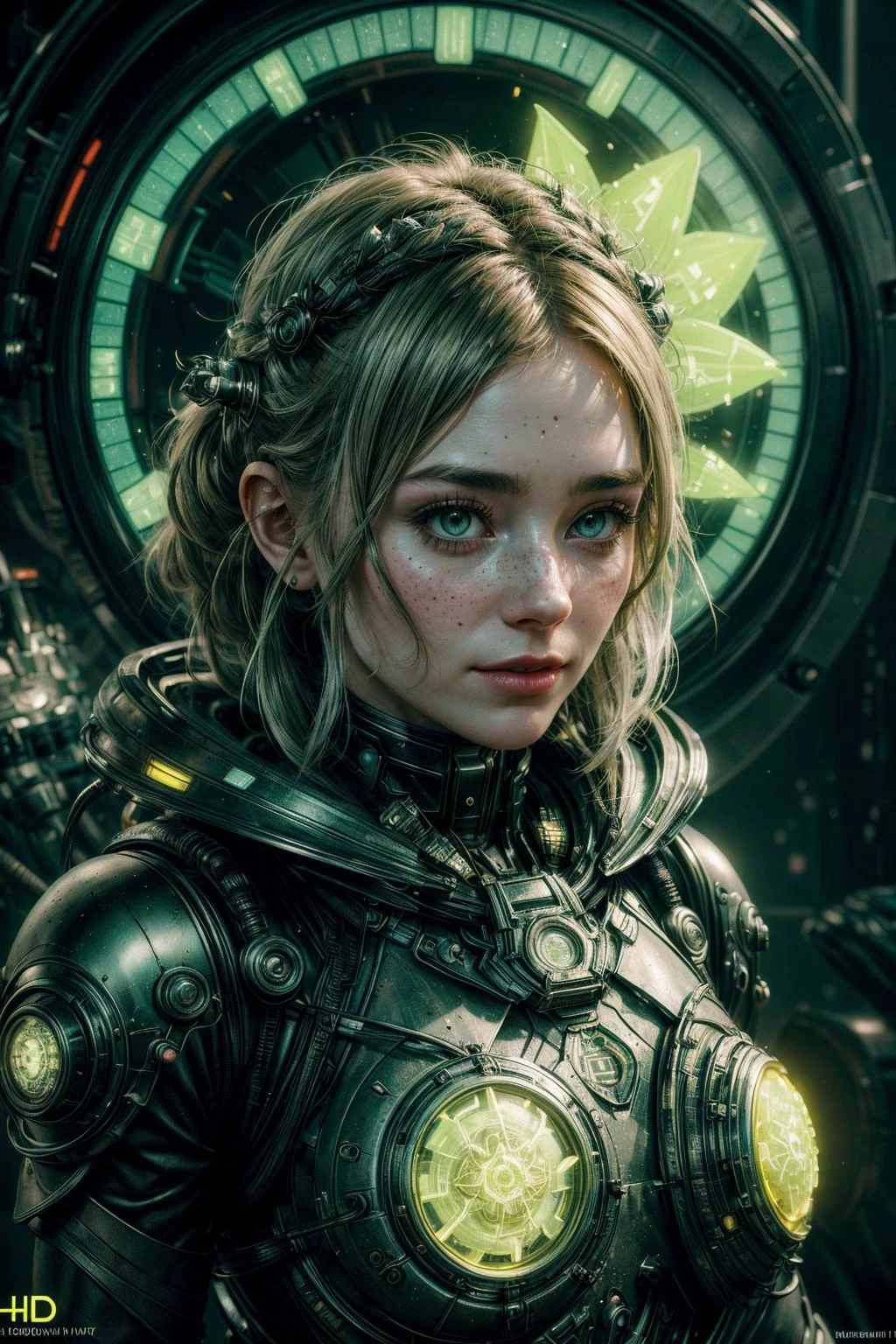 realistic style, 8k, exposure blend, medium shot, bokeh, (hdr:1.4), high contrast, (cinematic), (muted colors, dim colors, soothing tones:1.3), (hyperdetailed:1.2), 3d render, cgi, symetrical, octane render, 35mm, (intricate details:1.15), <lora:add_detail:0.8>, <lora:FujiVelvia50:0.4>,
1 girl, adult (elven:0.7) woman, freckles, silver eyes, yellow prom hairstyle,
portrait, solo, half shot, looking away, detailed background, detailed face, (<lora:UraniumTech:0.6>, scifi, transparent, uraniumtech theme:1.1) (time sorcerer:1.1), weightless, circular patterns, hourglass, sands of time, bloom light aura, clock-face in background, epic atmosphere,