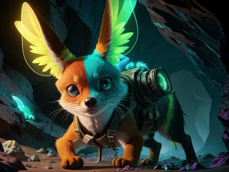 (Style: realism, (epic:1.2), realistic, photo, trending on artstation, (pixar:1.2), 3d, cartoon, ((high quality:1.2, masterpiece:1.2)) , (8k resolution) , high details, incredibly absurdres, color connection, colorized, colorful, neon colors, (bioluminescence:1.1), (iridescent:1.2), (no humans:1.3)),
fennec fox,, animal, cute big eyes, trench coat), cave,
<lora:UraniumTech:0.5> uraniumtech, radiation, scifi, nuclear , transparent , see-through