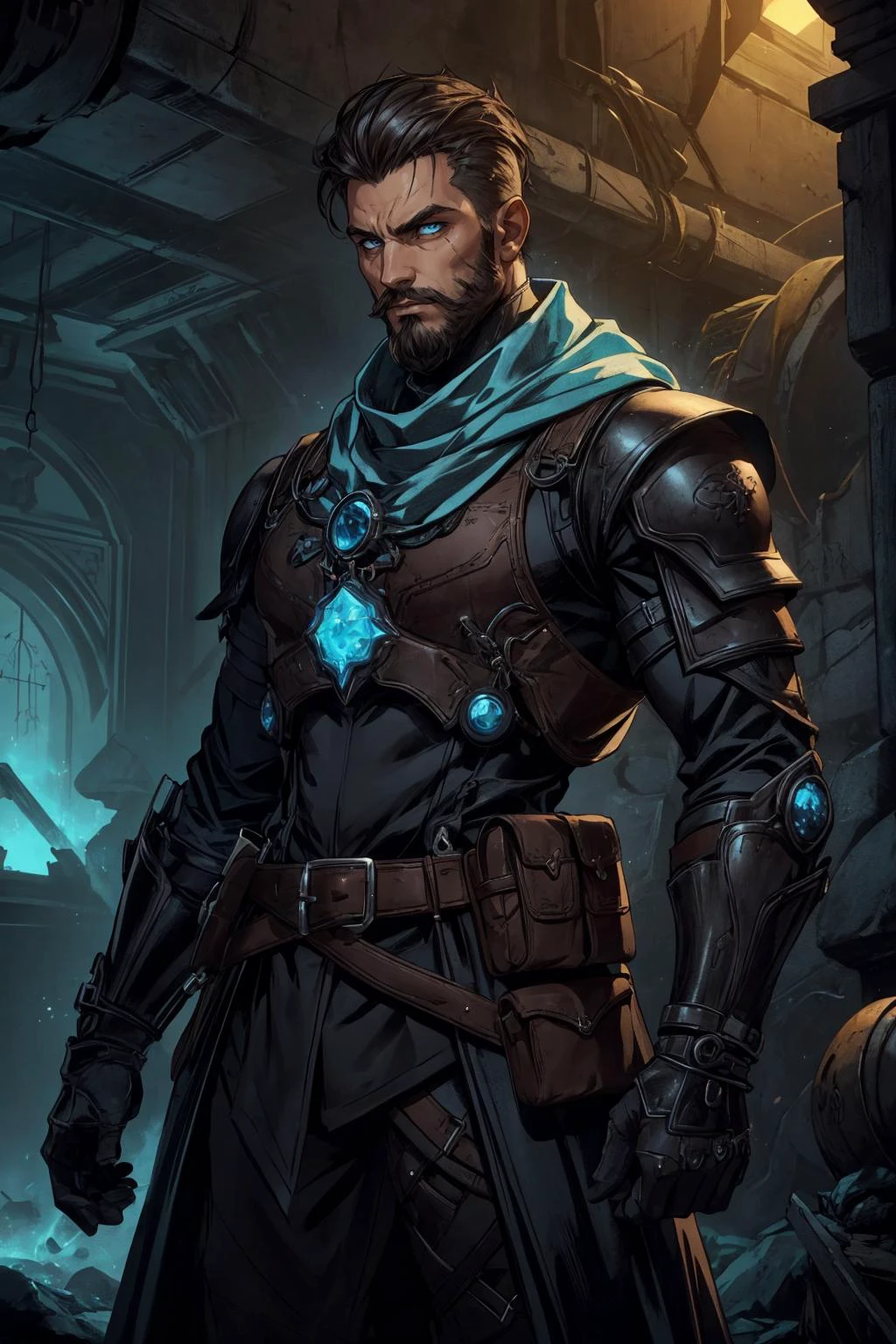 <lora:add_detail:0.5>, <lora:FZB_line_weights:0.4>, <lora:realistic:0.1>, <lora:sharpen-soften:-0.1>,
(1man, masculine adult male:1.2), light blue eyes, dark brown hair, fade with beard,
portrait, looking away, solo, upper body, detailed background, detailed face, (<lora:UraniumTech:0.6>, transparent, nuclear, see-through, uraniumtech theme:1.1), face covered by scarf, thief, (tattoos:0.9), thieves guild, (crouched position:0.75), dynamic pose, elaborate dark leather (armor:0.7), belts, high fantasy medieval setting, dark cave background, stealth, illegal, secret, shady dealings, stolen goods, coins, (crates in background:0.8), secret passage, shadows, dark atmosphere,