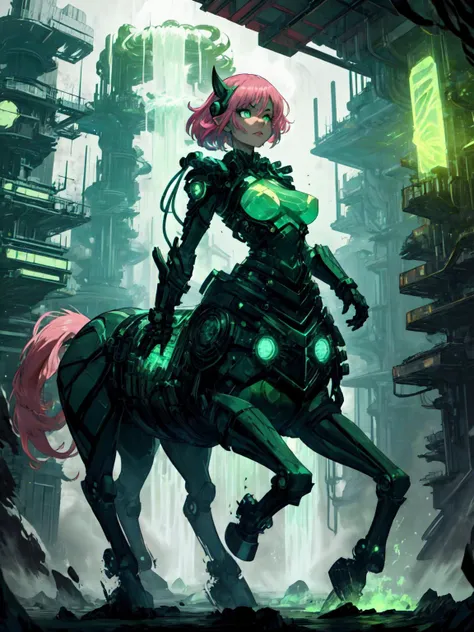 <lora:add_detail:0.25>, (1girl, solo, adult female, mature female), <lora:concept_goodHands:1>, <lora:detailed_eyes:1>, pink hair, waterfall braid haircut, ruby eyes,
<lora:style_uraniumTech_(uraniumtech--radiation--scifi--nuclear--transparent):0.95>, uraniumtech, 
[muscular, biceps], 
uraniumtech city background, uraniumtech centaur,
<lora:concept_centaurConcept_V1:0.8>, scifi centaur, nuclear centaur, glowing green centaur,