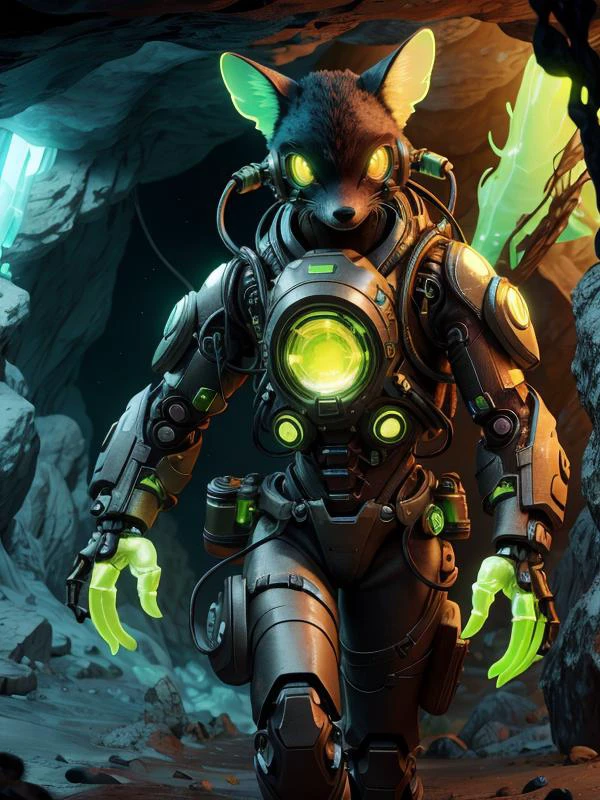 (Style: realism, (epic:1.2), realistic, photo, trending on artstation, (pixar:1.2), 3d, cartoon, ((high quality:1.2, masterpiece:1.2)) , (8k resolution) , high details, incredibly absurdres, color connection, colorized, colorful, neon colors, (bioluminescence:1.1), (iridescent:1.2), (no humans:1.3)),
fennec fox,, animal, cute big eyes, trench coat), cave,
<lora:UraniumTech:0.65> uraniumtech, radiation, scifi, nuclear , transparent , see-through
