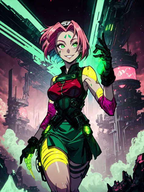 <lora:add_detail:0.25>, (1girl, solo, adult female, mature female), <lora:concept_goodHands:1>, <lora:detailed_eyes:1>, 
<lora:style_uraniumTech_(uraniumtech--radiation--scifi--nuclear--transparent):0.95>, uraniumtech, scifi, nuclear, radiation, see-through, transparent, 
[muscular, biceps], leg muscles, thigh muscles, 
<lora:character_harunoSakuraNaruto_lykon:0.65>, haruno sakura, glowing green eyes, glowing green forehead mark, pink hair, scifi bracelets, uraniumtech gloves, smile, uraniumtech japanese village, blue sky, uraniumtech pink skirt, uraniumtech red shirt, uraniumtech forehead protector, uraniumtech headband, scifi shirt, sleeveless,