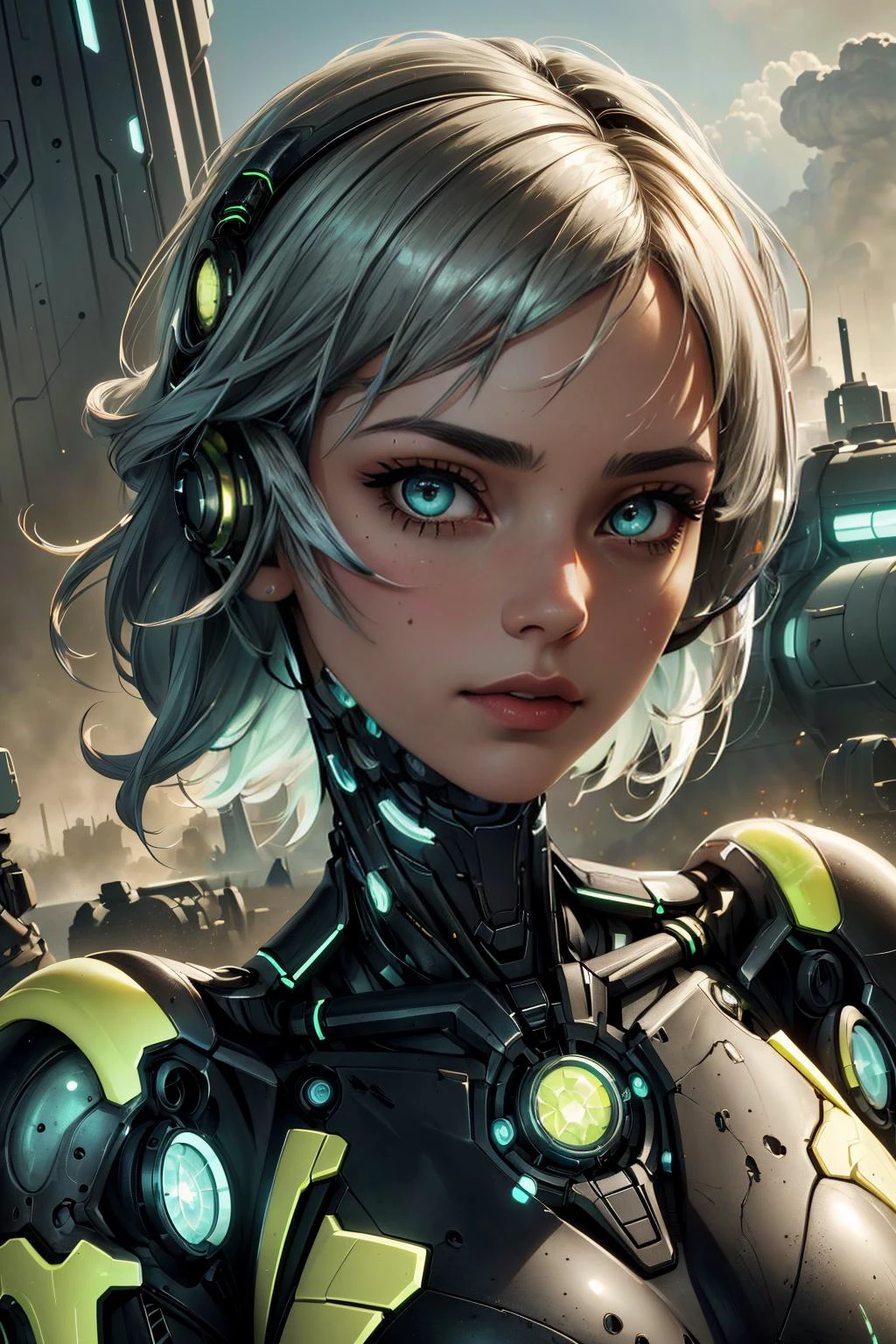(masterpiece, best quality), <lora:add_detail_v5:0.5>, <lora:stylesqueeze_v2:0.25>,
1 girl, adult hungarian woman, jade eyes, yellow shaggy hair,
portrait, solo, upper body, looking at viewer, detailed background, detailed face, (<lora:UraniumTech:0.6>, scifi, radiation, transparent, nuclear, uraniumtech theme:1.1), glass-cyborg, (made of glass:1.1), titan, gemstone armor, dirty glass, mechanical, floating particles, intense heat, battlefield in background, cinematic atmosphere,