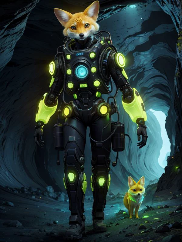 (Style: realism, (epic:1.2), realistic, photo, trending on artstation, (pixar:1.2), 3d, cartoon, ((high quality:1.2, masterpiece:1.2)) , (8k resolution) , high details, incredibly absurdres, color connection, colorized, colorful, neon colors, (bioluminescence:1.1), (iridescent:1.2), (no humans:1.3)),
fennec fox,, animal, cute big eyes, trench coat), cave,
<lora:UraniumTech:0.4> uraniumtech, radiation, scifi, nuclear , transparent , see-through