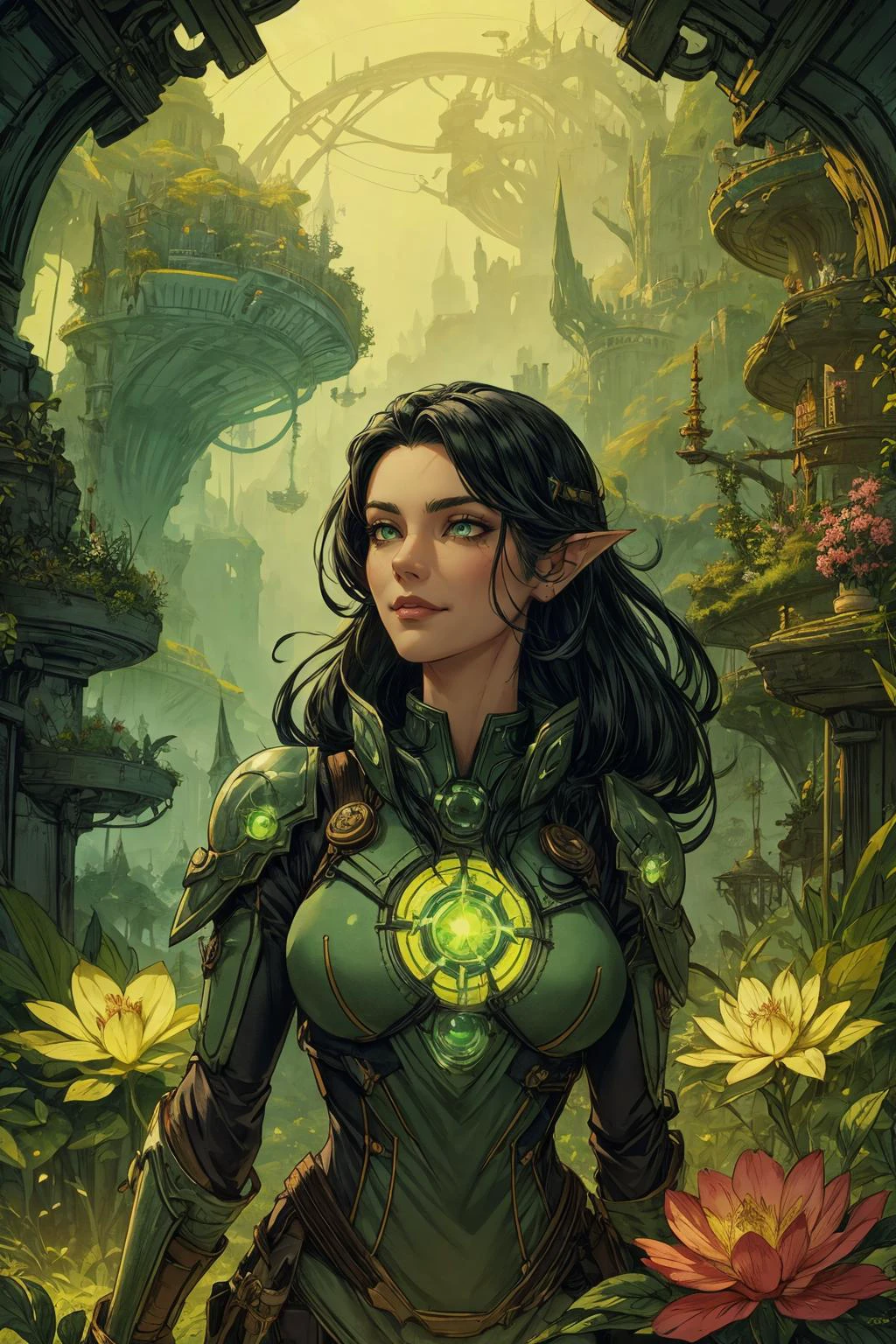 <lora:add_detail:0.5>, <lora:FZB_line_weights:0.4>, <lora:realistic:0.1>, <lora:sharpen-soften:-0.1>,
1 girl, adult (elven:0.7) woman, ruby eyes, black long hair,
(Style-SwampMagic:0.4), focus on character, portrait, solo, half shot, looking up, detailed background, detailed face, (<lora:UraniumTech:0.6>, scifi, radiation, nuclear, uraniumtech theme:1.1), smile, botanist, planters, potted plants, greenery, magical plants, colorful plants, blooming flowers, floating plants, magic, elemental magic, green color scheme, lotus, seeds, mushrooms, greenhouse in background, sunshine, magical atmosphere,