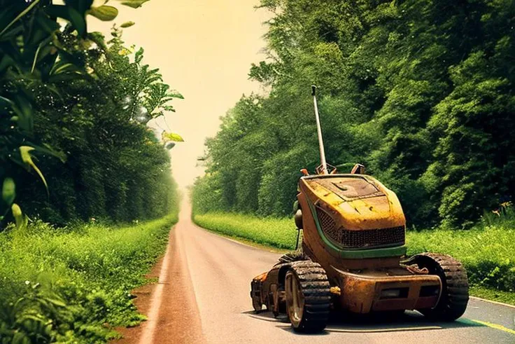 Photo of "road cutter": autonomous rusty robot lawnmower and weed trimmer combined traveling down road overgrown with kudzu, postapocalypse, photorealistic, color vintage photo