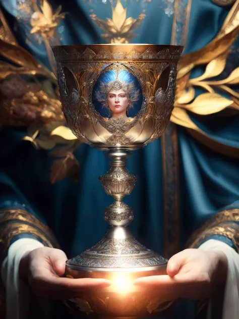 Silver chalice in the goddess gaia's hands, studio product photography, tarot, beautiful dreamscape, centered, super highly detailed, professional digital painting, artstation, concept art, smooth, sharp focus, extreme illustration, unreal engine 5, photorealism, beautiful, cinematic, art by artgerm and rutkowski and alphonse mucha and loish and wlop