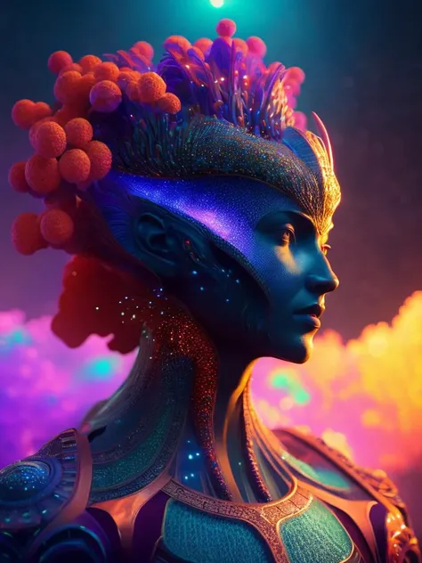 Face of a alien deity, corals, plume made of fractals, extremly detailed digital painting, in the style of android jones, artwork of a futuristic artificial intelligence superstar, mystical colors, rim light, beautiful lighting, 8k, stunning scene, raytracing, octane, trending on artstation