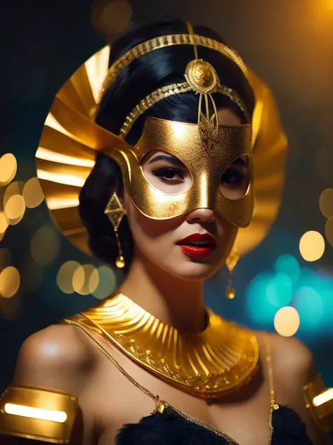 woman wearing a Golden Helios mask on her face, Electro Swing Retro portrait of a beautiful woman, best on artstation, cgsociety, deviantart, Behance, pixiv, global dynamic lighting, cinematic, perfect, masterpiece.