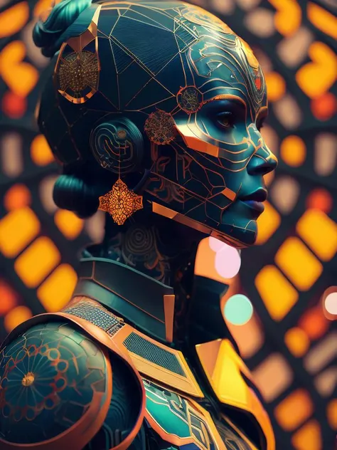 Ultra detailed beautiful female android, side portrait, sharp focus, highly detailed vfx portrait, geometric shapes, global illumination, by james jean and moebius and artgerm and liam brazier and victo ngai and tristan eaton. vector art, digital illustration, concept art, dia de los muertos. 8 k, hdr