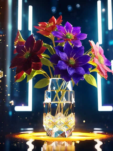 masterpiece, best quality, bouquet of heavenly flowers in a crystal vase, cyberpunk style, (((complex background))), (((intricate details))), ultra details, (((photorealistic))), cinematic, unreal engine 5 rendered, a 3d render lighting, dynamic lighting, (glow with reflections and refractions lighting), ((diamond effect)), flare spots, brighter,