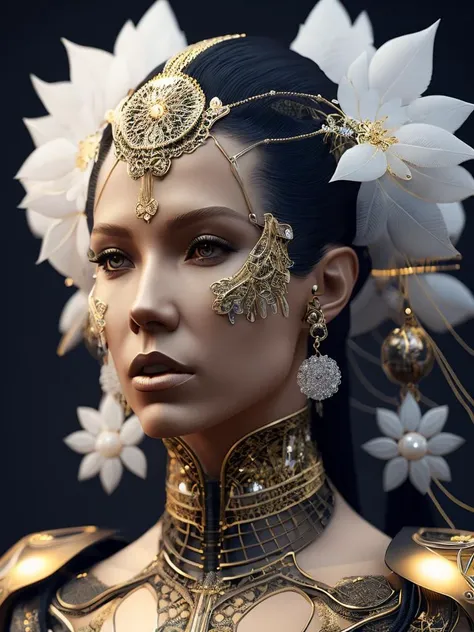 Complex 3 d render of a beautiful fascinating biomechanical female cyborg with a porcelain face, analog, beautiful natural light, rim light, 1 5 0 mm lens, aztec warrior, feathers, piercing, aztec tattoos, white blossoms, vanilla leaves and stems, sinuous roots, white blossoms, fine foliage lace, steampunk, silver gold filigree details, alexander mcqueen high fashion haute couture, pearl earring, art nouveau fashion embroidered, hexagonal mesh wire, mandelbrot fractal, facial muscles, cable wires, microchip, elegant, beautiful natural light, studio lights, rim light, highly detailed, hyperrealistic, sharp, octane render, h. r. giger style, volumetric lighting, 8 k post production