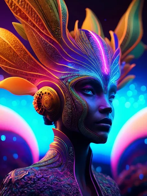 Face of a alien deity, corals, plume made of fractals, extremly detailed digital painting, in the style of android jones, artwork of a futuristic artificial intelligence superstar, mystical colors, rim light, beautiful lighting, 8k, stunning scene, raytracing, octane, trending on artstation