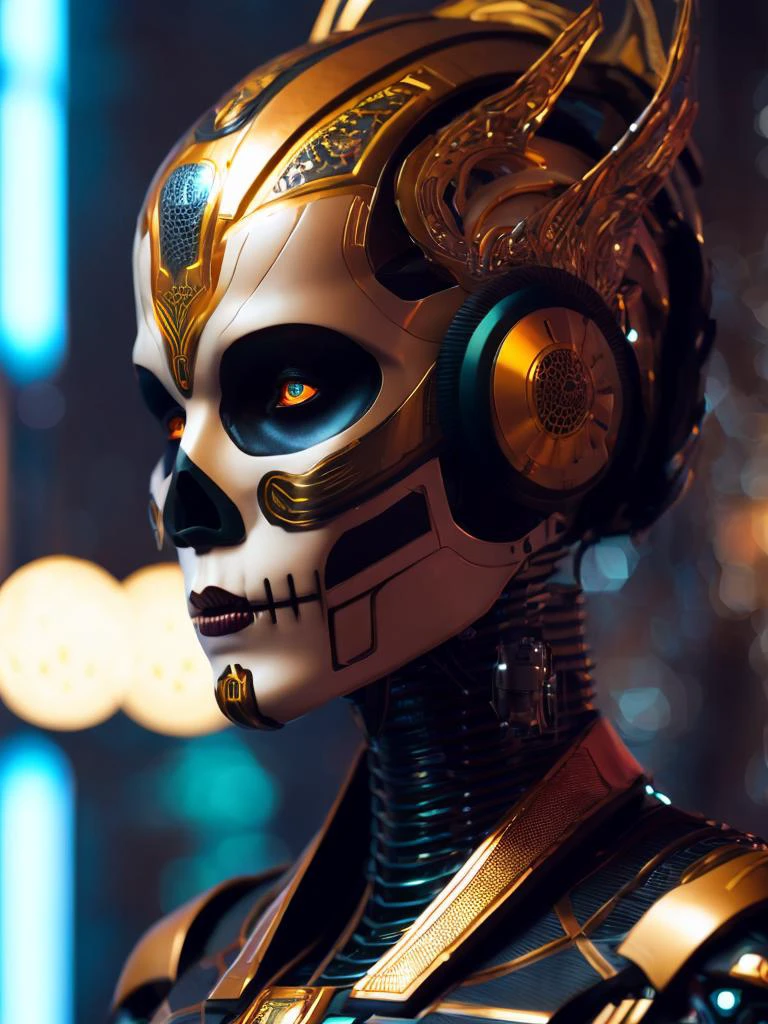 Ultra detailed side portrait of female android, face like catrina, robot boy, sharp focus, sci - fi, fantasy art, digital illustration, dia de los muertos. octane render, unreal engine, global illumination, intricate detailed. concept art. art by artgerm and wlop and giger and greg rutkowski and rossdraws and alphonse mucha, 8 k