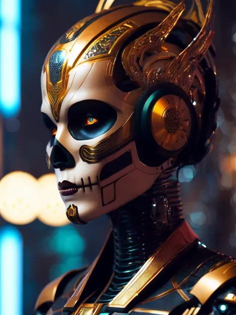 Ultra detailed side portrait of female android, face like catrina, robot boy, sharp focus, sci - fi, fantasy art, digital illustration, dia de los muertos. octane render, unreal engine, global illumination, intricate detailed. concept art. art by artgerm and wlop and giger and greg rutkowski and rossdraws and alphonse mucha, 8 k