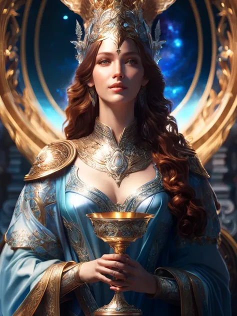 Goddess Gaia holding a silver chalice, studio product photography, tarot, beautiful dreamscape, centered, super highly detailed, professional digital painting, artstation, concept art, smooth, sharp focus, extreme illustration, unreal engine 5, photorealism, beautiful, cinematic, art by artgerm and rutkowski and alphonse mucha and loish and wlop