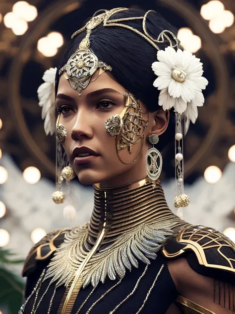 Complex 3 d render of a beautiful fascinating biomechanical female cyborg with a porcelain face, analog, beautiful natural light, rim light, 1 5 0 mm lens, aztec warrior, feathers, piercing, aztec tattoos, white blossoms, vanilla leaves and stems, sinuous roots, white blossoms, fine foliage lace, steampunk, silver gold filigree details, alexander mcqueen high fashion haute couture, pearl earring, art nouveau fashion embroidered, hexagonal mesh wire, mandelbrot fractal, facial muscles, cable wires, microchip, elegant, beautiful natural light, studio lights, rim light, highly detailed, hyperrealistic, sharp, octane render, h. r. giger style, volumetric lighting, 8 k post production