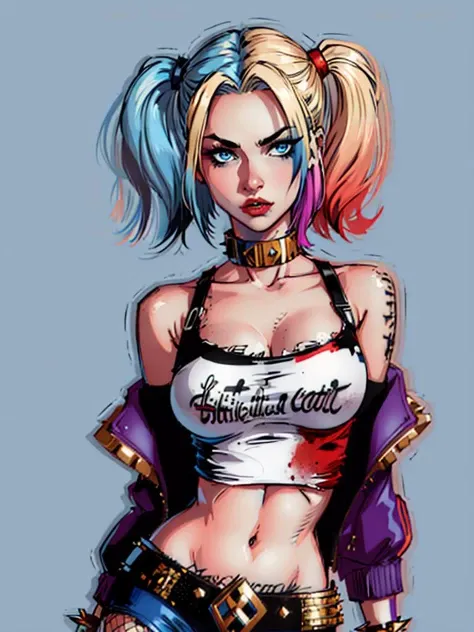 best quality,masterpiece,HDR,UHD,8K,masterpiece,Highly detailed,1girl,short hair,(upper body:1.1),detailed face,simple background,dress,medium size breasts,bare shoulders,<lora:P_HarleyQuinn:0.7>,girl,solo,blonde hair,twintails,jacket,short shorts,pantyhose,torn pantyhose,crop top,torn clothes,blood,clothes writing,makeup,blue eyes,eyeshadow,blue hair,midriff,navel,gloves,fishnets,multicolored clothes,belt,bracelet,spiked bracelet,multicolored hair,collar,graffiti,