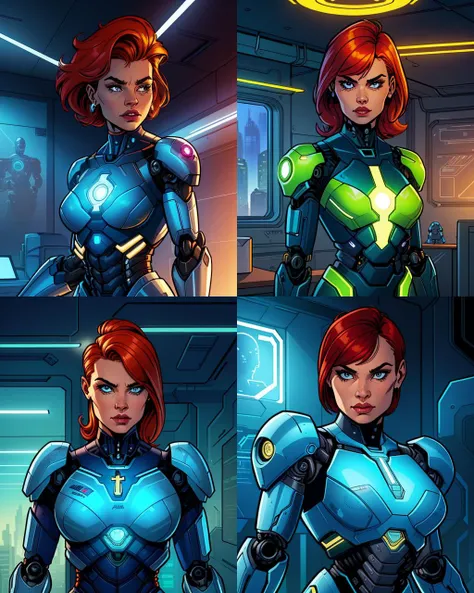 a female cyborg, robot, android, mechnaical parts, dynamic lighting, upper body, office background, 2D flat, colored illustration, graphic novel style, cross hatching, inked, comic style, sharp, extreme detailed, HD, HDR, 4K, masterpiece, high quality, high resolution, breathtaking, award-winning, professional