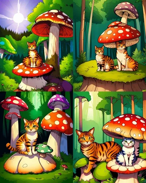 a cute cat sitting on a big mushroom, dynamic lighting, upper body, forest background, 2D flat, colored illustration, graphic novel style, cross hatching, inked, comic style, sharp, extreme detailed, HD, HDR, 4K, masterpiece, high quality, high resolution, breathtaking, award-winning, professional