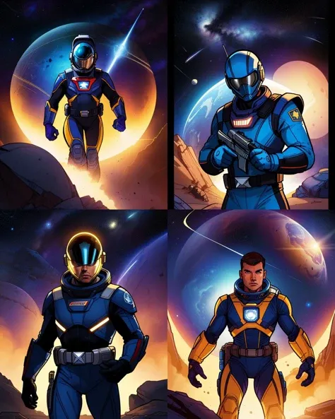 a space ranger in duty, dynamic lighting, upper body, spacestation background, 2D flat, colored illustration, graphic novel style, cross hatching, inked, comic style, sharp, extreme detailed, HD, HDR, 4K, masterpiece, high quality, high resolution, breathtaking, award-winning, professional
