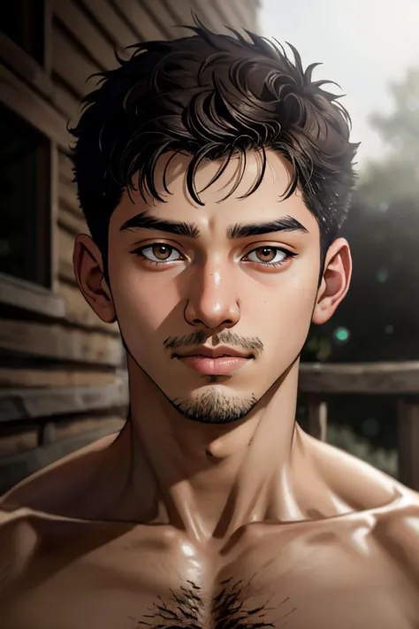 (photo RAW), Candid ((portrait)) photograph of a 18yo dg_Luis boy, short hair, slender, eyes, stubble,masterpiece, top quality, best quality, official art,intricate detailed,highest detailed,depth of field,bokeh,realistic natural lighting,complex, 4k HDR, dusty atmospheric haze, high quality textures of materials, volumetric textures, coating textures, metal textures, shirtless, chest, <lora:dg_Luis_v1:0.8>