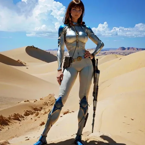 (a woman standing in a desert, full body) <lora:NicoGalaxyRangerLoRA:1> nico, with, brown, hair, white, and, blue, outfit, beautiful eyes, beautiful girl, high detail skin, high detail eyes, high detail hair, highres, ultra detailed, detailed pores, imperfect skin, detailed reflective shiny skin, diffused skin pores,sharpen picture, Highly detailed, masterpiece, best quality, photorealistic,