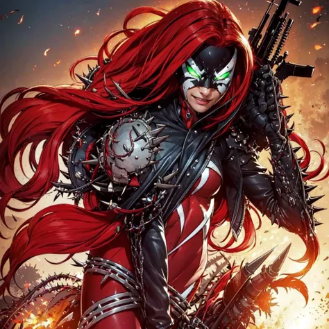 a woman sanding in a burning park, full body <lora:SheSpawnLoRA:1> (SheSpawn with red hair in a red and white mask and costume and green glowing eyes and a black leather jacket with spikes and white armor on the shoulder and chais around her waist and legs holding guns), beautiful eyes, beautiful girl, high detail skin, high detail eyes, high detail hair, highres, ultra detailed, detailed pores, imperfect skin, detailed reflective shiny skin, diffused skin pores,sharpen picture, Highly detailed, masterpiece, best quality