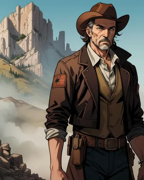 Graphic novel style illustration of upper body, rugged old cowboy, western, dynamic, epic, wild west town background, sharp, extreme detailed, HD, HDR, 4K, high quality, high resolution, 2D, masterpiece, epic, cinematic, digital artwork