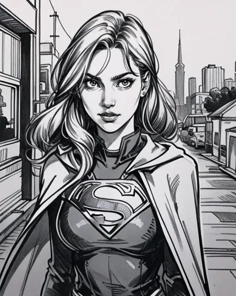 Comic Style Drawing upper body, supergirl, cape, superhero, leotard, long white hair, pretty face, in the city, city background, busty, curvy, sexy, epic, cinematic, <lora:suxierenV1:0.5> suxie, line art, by jim lee and todd mcfarlane, sharp, extreme detailed, HD, HDR, 4K, high quality, high resolution, 2D, Simple, sketch, rough lines, high contrast, monochrome