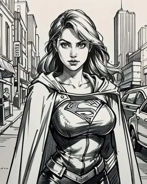 Comic Style Drawing upper body, supergirl, cape, superhero, leotard, long white hair, pretty face, in the city, city background, busty, curvy, sexy, epic, cinematic, <lora:suxierenV1:0.5> suxie, line art, by jim lee and todd mcfarlane, sharp, extreme detailed, HD, HDR, 4K, high quality, high resolution, 2D, Simple, sketch, rough lines, high contrast, monochrome