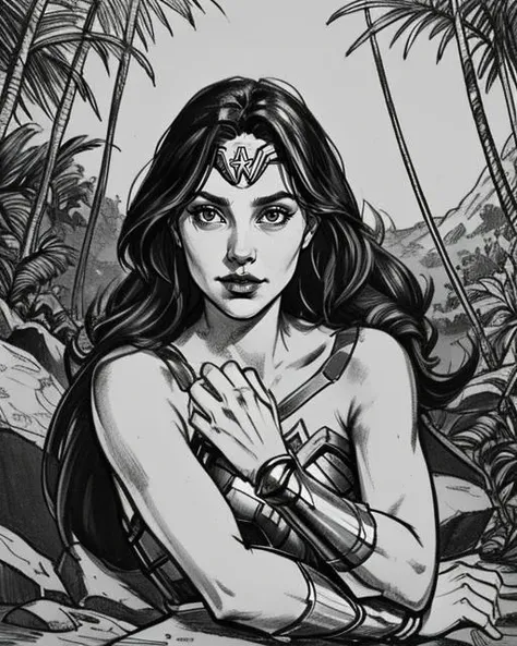 Comic Style Drawing upper body, wonder woman, long hair, pretty face, on a island, jungle background, epic, cinematic, <lora:suxierenV1:0.6> suxie, line art, sharp, extreme detailed, HD, HDR, 4K, high quality, high resolution, 2D, Simple, sketch, rough lines, high contrast, monochrome