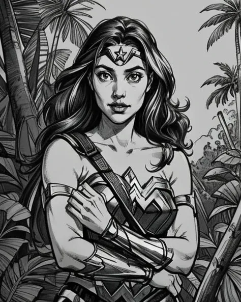 Comic Style Drawing upper body, wonder woman, long hair, pretty face, on a island, jungle  background, epic, cinematic, <lora:suxierenV1:0.6> suxie, line art, sharp, extreme detailed, HD, HDR, 4K, high quality, high resolution, 2D, Simple, sketch, rough lines, high contrast, monochrome