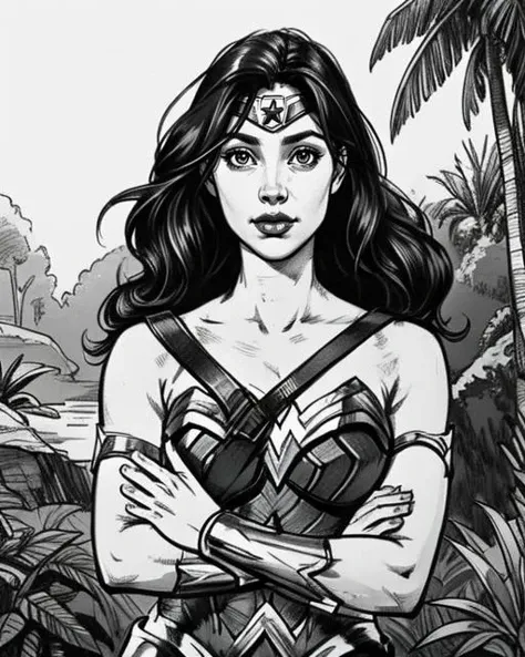 Comic Style Drawing upper body, wonder woman, long hair, pretty face, on a island, jungle background, epic, cinematic, <lora:suxierenV1:0.6> suxie, line art, sharp, extreme detailed, HD, HDR, 4K, high quality, high resolution, 2D, Simple, sketch, rough lines, high contrast, monochrome