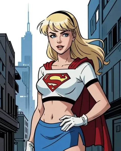Graphic novel style illustration of upper body, hairband, supergirl, blonde hair, long hair, white gloves, long red cape, tight blue skirt, white crop top, belly button, curvy, wide hips, sexy, city background, epic, cinematic, <lora:Supergirl_DCAU:0.5>, sharp, extreme detailed, HD, HDR, 4K, high quality, high resolution, 2D, masterpiece, epic, cinematic, digital artwork